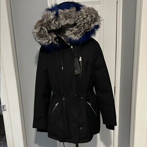 Mackage Chara Black Parka with Blue and Gray Fur Trim